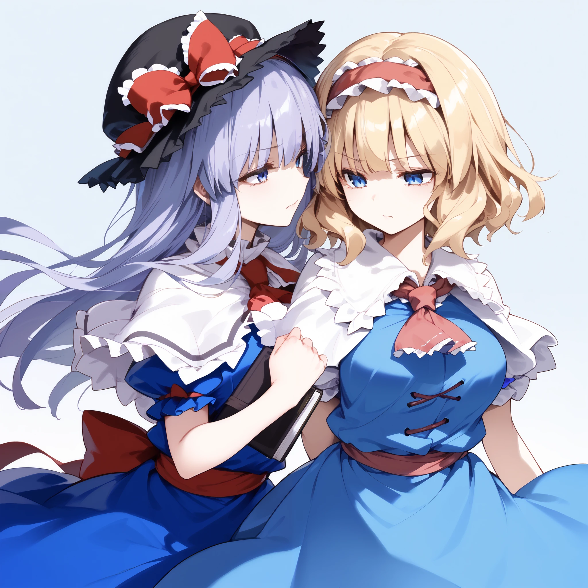 patchouli_knowledge_touhou
long_hair, purple_hair, crescent, purple_eyes, ribbon, hat, bow, bangs, pain_Cap, hat_ ornament , crescent_hat_ ornament , hair_bow, red_bow, blue_bow, book, red_ribbon, Capelet, hat_ribbon, striped, very_ long_hair
aliceN
alice margatroid, medium hair, blonde hair, blue eyes, ,red hairband, ta hairband, frilled hairband,
white Capelet, blue dress, frilled dress, frilled ascot, red ascot, puffy short sleeves, brown footwear, cross-laced footwear, boots,
grimoire of alice, doll,
two girls anatomically correct, simple background,