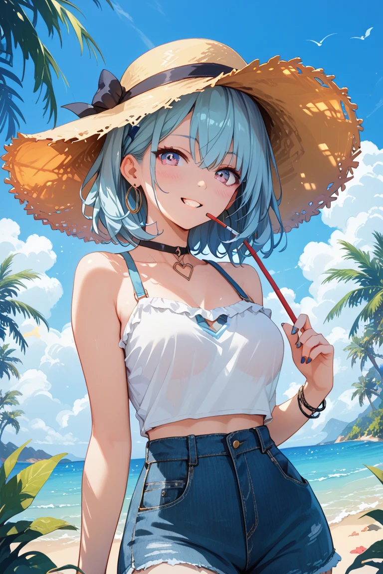 masterpiece, best quality, <lora:lanamother-nvwls-v1:0.9> lanamother, white pupils, long hair, hair ornament, large breasts, bucket hat, ocean, docks, sitting, white camisole, jeans, smile, blue sky, clouds