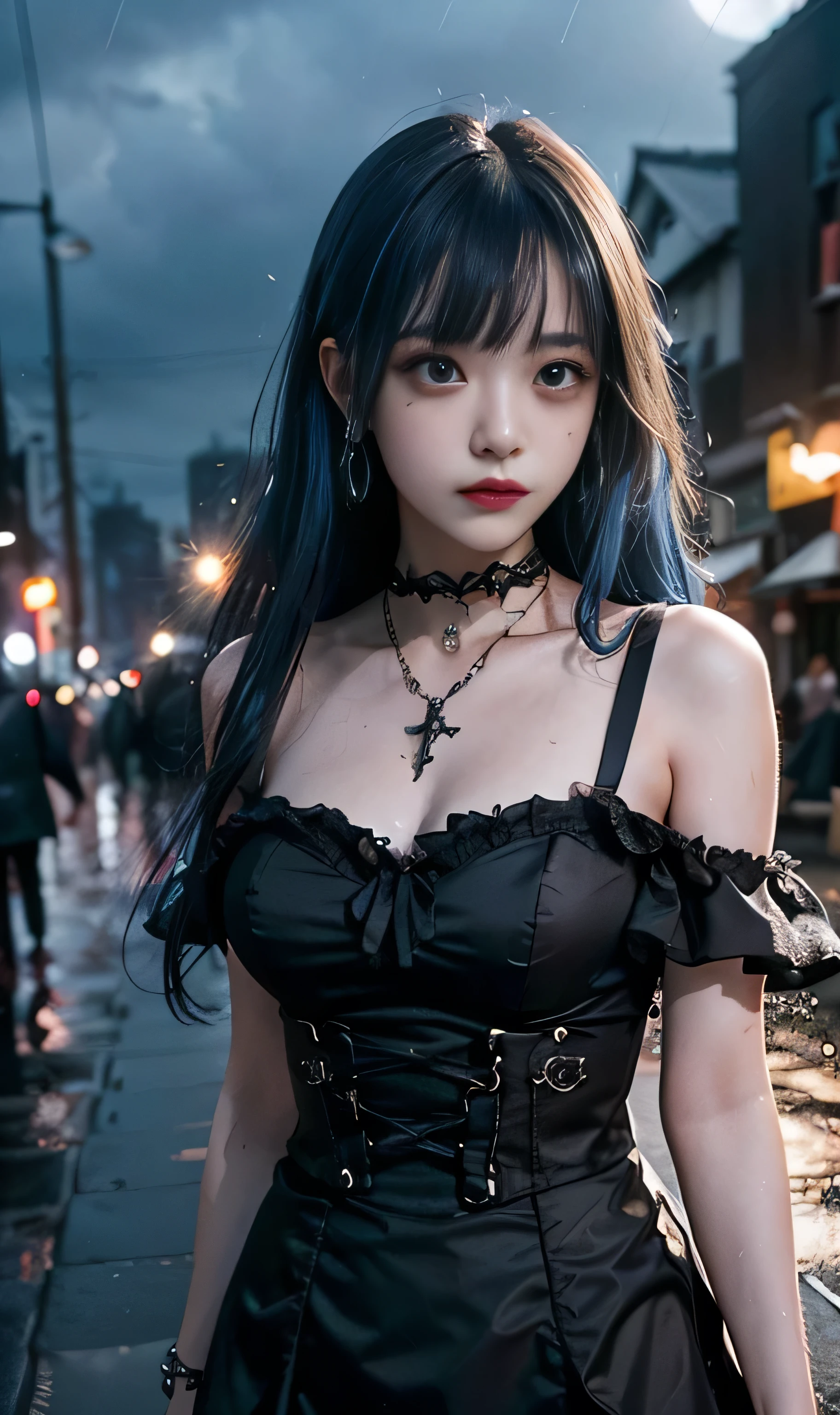 Top quality work with every detail、16K ultra-high resolution stills、 Super High Definition、Japanese women as beautiful as goddesses((big breasts:1.9、 long lashes、 gothic makeup 、 dark makeup))Earrings、cute little face、(( long hair、 blue hair、bangs、))
((Imagine a dark fantasy、Shot with a wide angle lens ))((It's raining at 2 o'clock in the middle of the night、in the middle of a quiet scramble crossing with no one))(one mysterious girl who got drenched、in a gothic dress、the skirt is short and fluffy)((She's drenched))
Black Sky、Moonlight reflecting off the ground