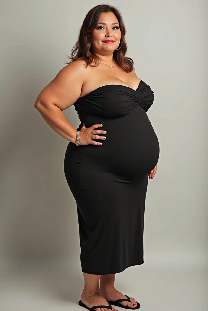 Extremely Hyperpregnant Panamanian woman with huge belly wearing a dress