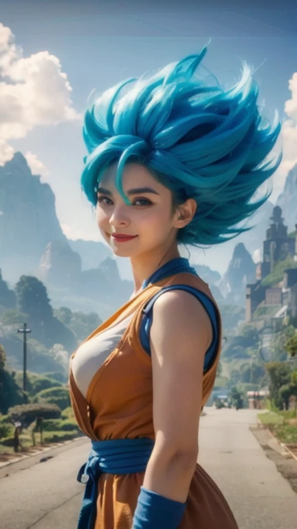 Uma mulher jovem linda atraente inspirada em Emily Rudd, como Emily Rudd, (((com traje de cosplayer de Bulma personagem de dragon ball))), (((Autorretrato do rosto , rosto realista, foto centralizada))), (((roupa perfeita, intricate realism))), fotoretrato centralizado