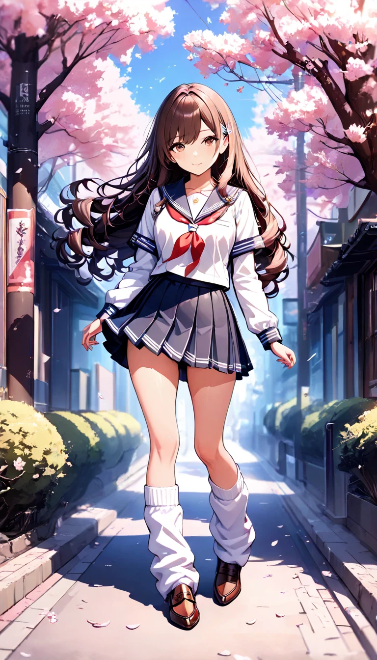 ((Best Quality)), 1girl, ((Nagamori Mizuka)), ((ONE kagayaku kisetsu he)), ((red eyes)), ((long hair)), ((tawny hair)), ((yellow ribbon behind hair)), ((school uniform)), ((red skirt)), ((knee length skirt)), ((white socks)), ((brown shoes)), ((pink shirt with a red bow)), ((sand colored cardigan sweater)), smiling, full body, outdoors, spring, city