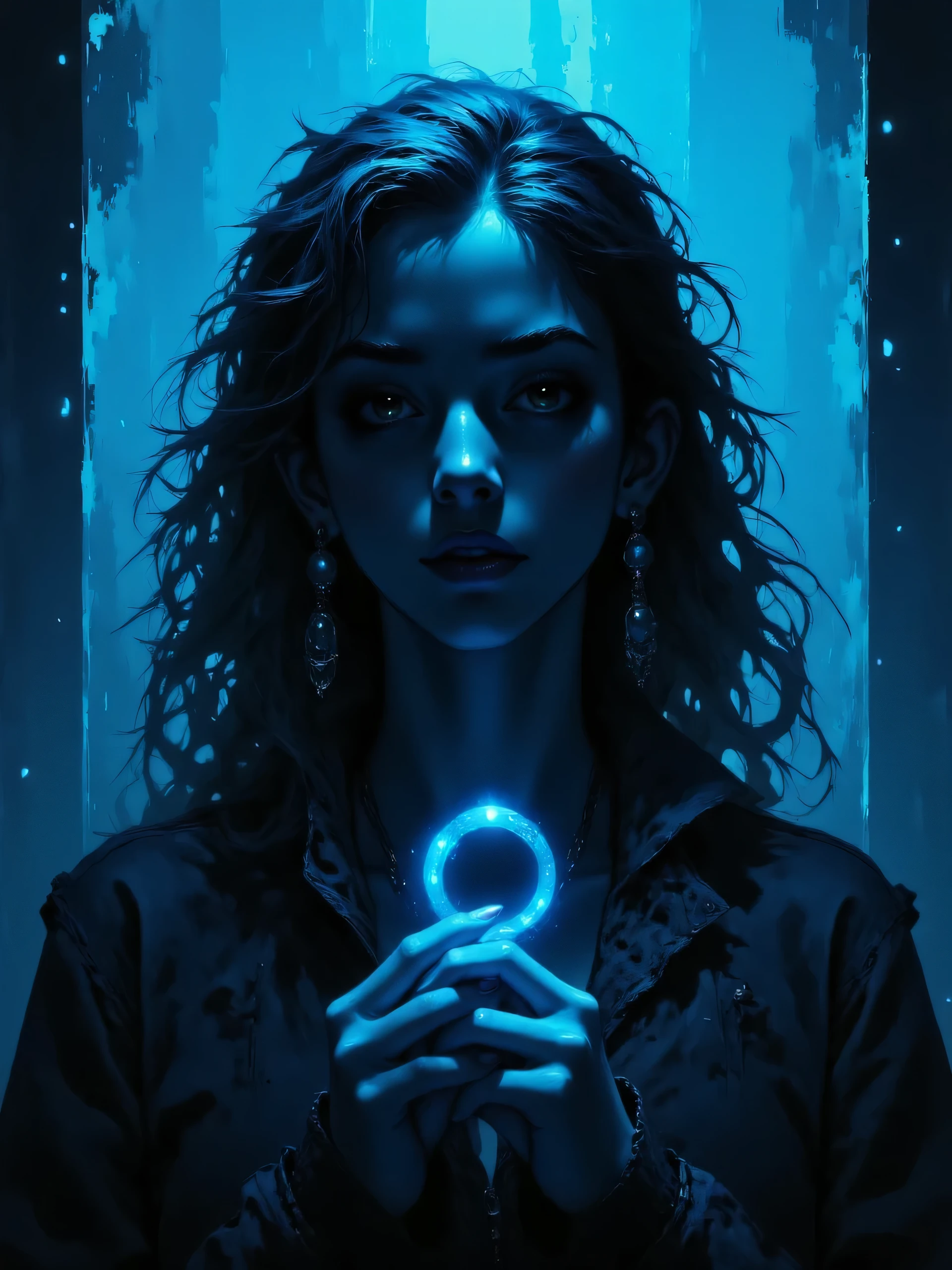 A silhouette of a sad woman with dark wavy hair, ((very pale skin)), ((((holding key)))), in a pure white dress, looking down, frontal shot, portrait, close up, thick mist, ((((deep dark sapphire blue color)))), at night, darkness, shadow, masterpiece, digitalart, painting, split complementary palette, muted, monochromatic, achromatic, (cinematic artistic composition), best quality, (ancient feel), philosophy, (flickers of floating glowing tiny blue particles), (((digital art style))), brushstrokes,