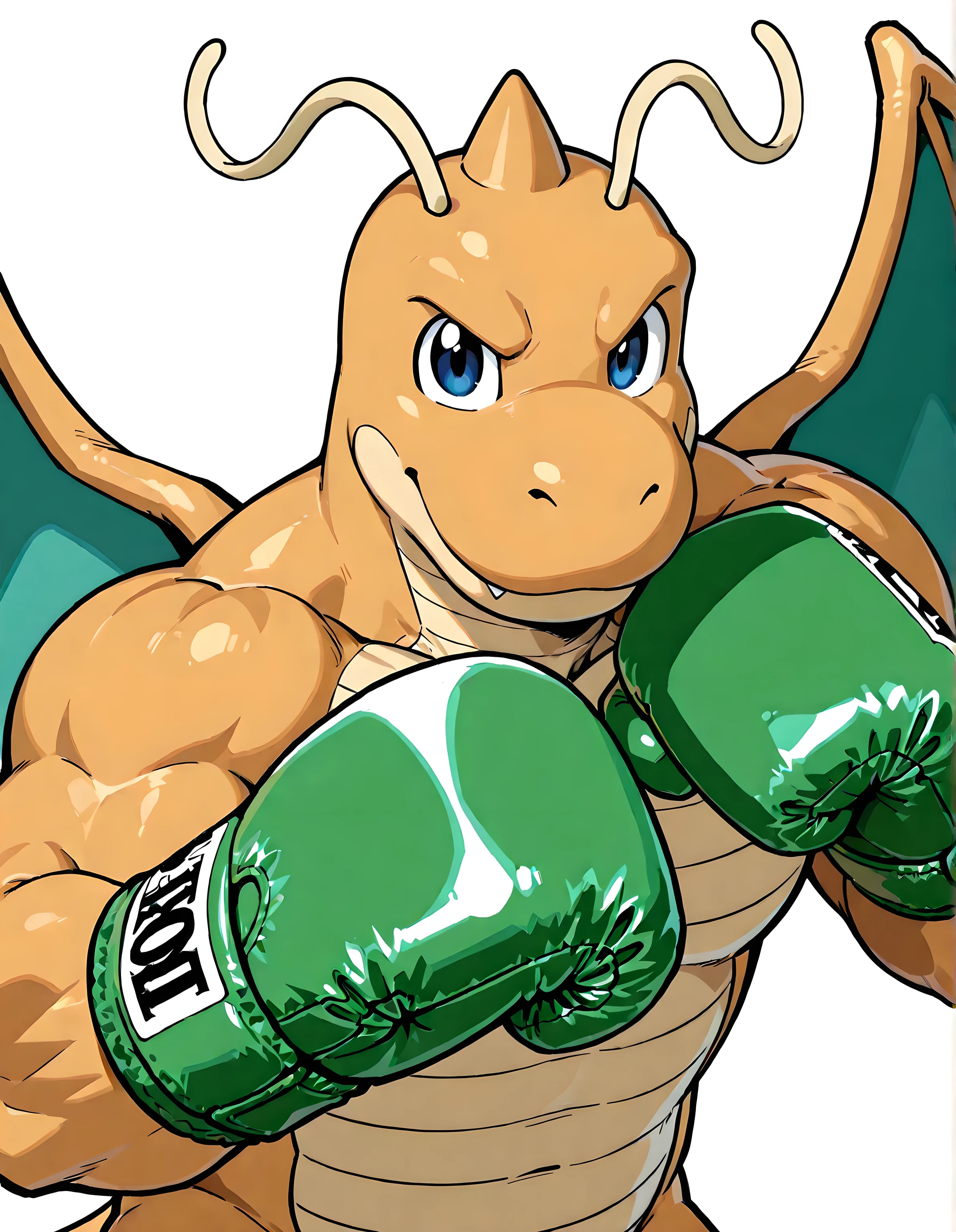 dragonite, high quality, male, solo, white background, no background, looking at viewer, posing, half body, muscular, wearing green boxing_gloves, pov_boxing, boxing posture, boxing stance, front view,