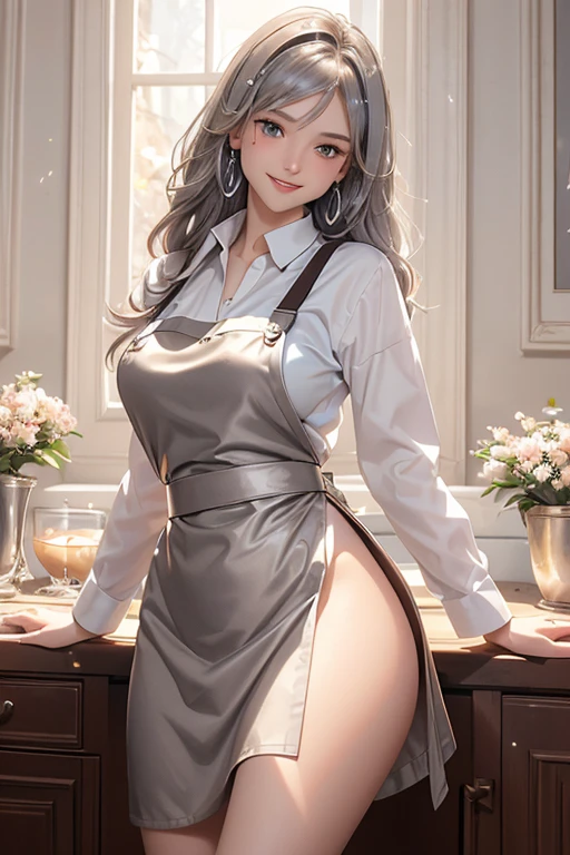 There is a tanned skinned adult woman carrying a plate, in restaurant, with short maid uniform and apron, maid hat, heels, black thighs, white hair, darker lips,thin lips, kind and soft face,naughty smile, green eyes,Eyeshadows,sexy eyeliner,knee length hair,curved hair, Big breast, thin waist, high quality, highly detailed skin, full view