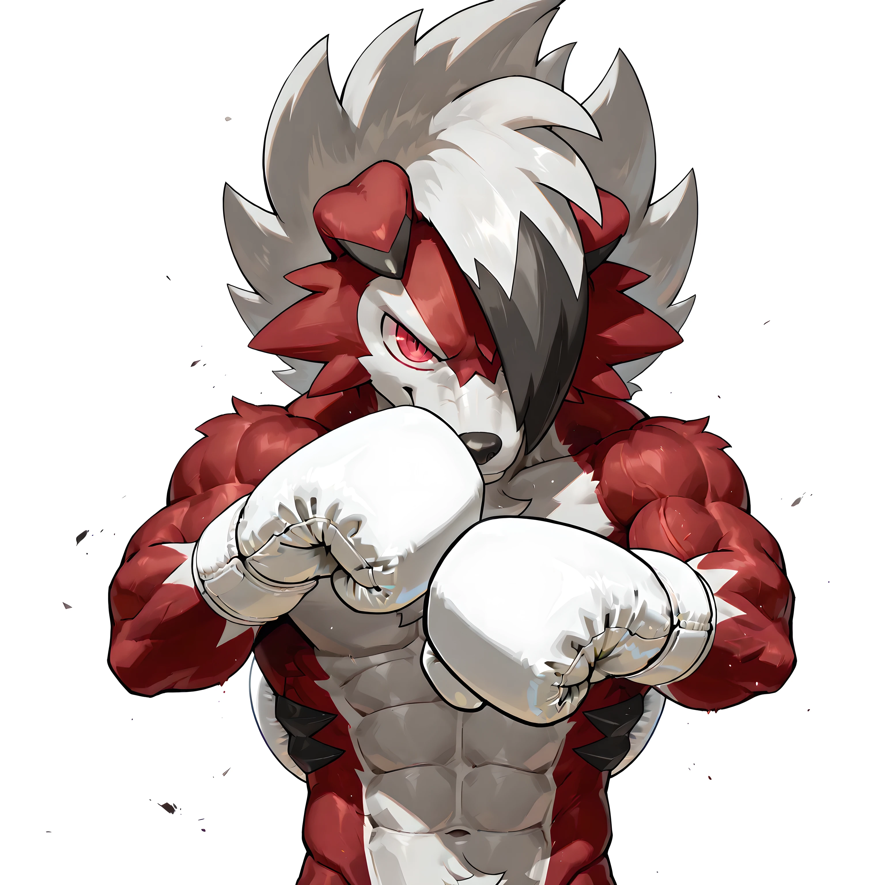 midnight_lycanroc, high quality, male, solo, white background, no background, looking at viewer, posing, half body, muscular, wearing white boxing_gloves, pov_boxing, boxing posture, boxing stance, front view, (punching_the_viewer)