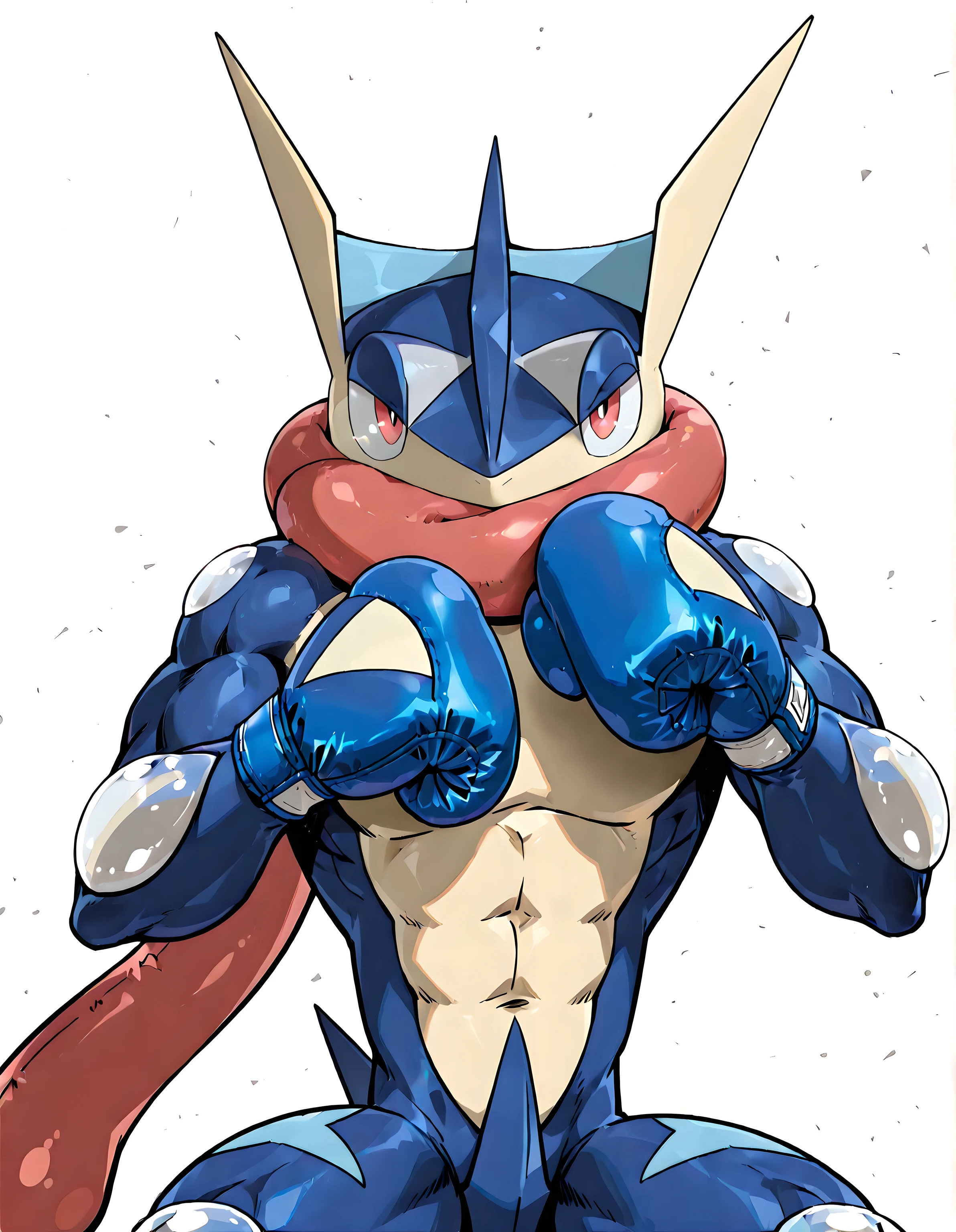 greninja, high quality, male, solo, white background, no background, looking at viewer, posing, half body, muscular, wearing blue boxing_gloves, boxing gloves, pov_boxing, boxing posture, boxing stance, front view,