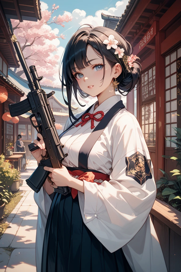 (Fox Girl, Fox Ears, Black colored hair, Fox Makeup, One Girl, Long Hair:1.6), (kimono, Kimono with open chest, A beautiful kimono with red and black patterns, I can see her cleavage, Open chest, Skin is visible:1.8), (Body measurements are 75-60-75!, Young girl body, Small breasts, Small breasts, Emphasize the chest, Prone, Ready your gun?, Take aim, Colt M16A2 rifle:1.9), Avatar, face, lewd face, Dominant representation, naughty face, Uplifting, Skin Texture, outside, Grassy field