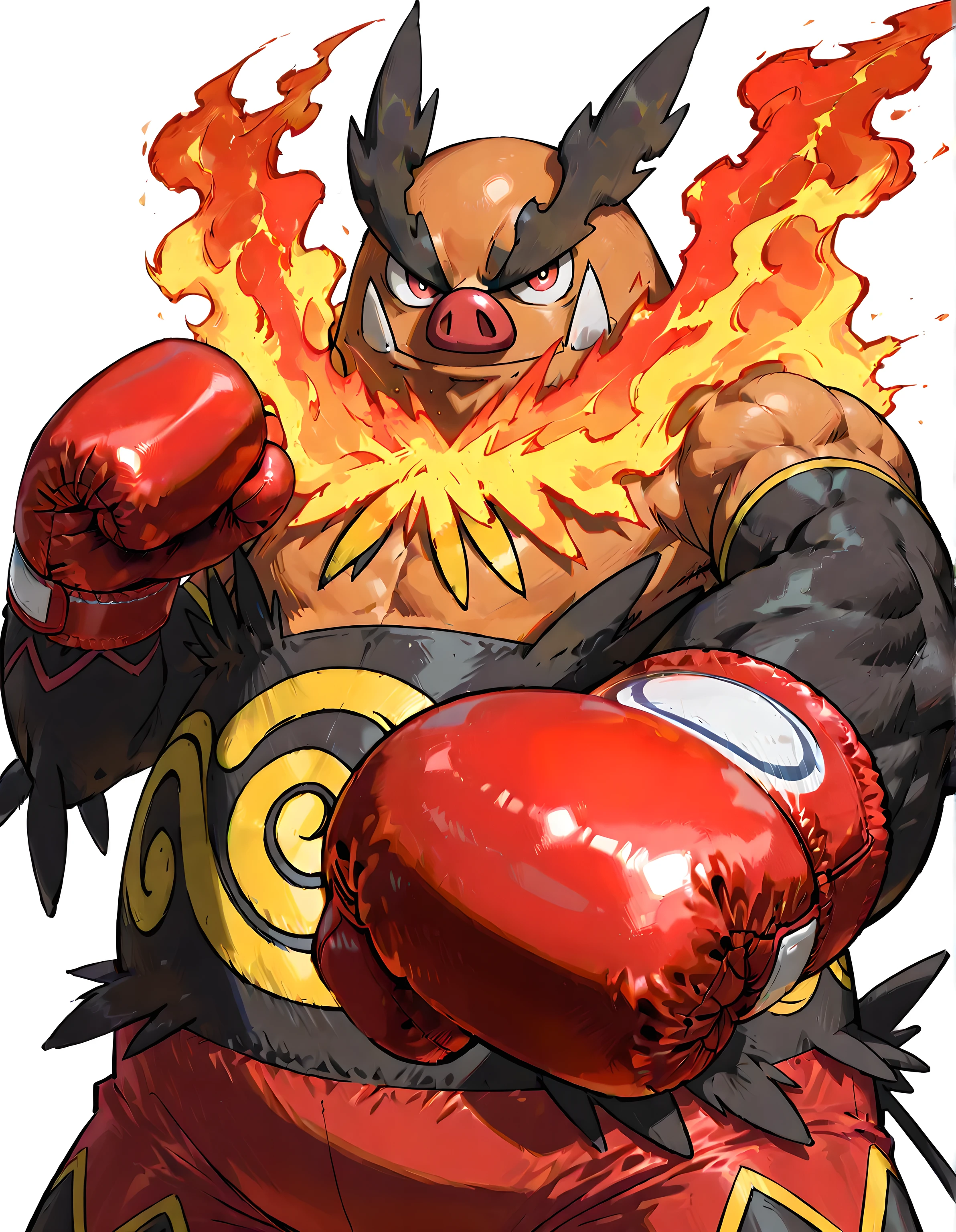 zzEmboar, emboar, high quality, male, solo, white background, no background, looking at viewer, posing, half body, muscular, wearing red boxing_gloves, pov_boxing, boxing posture, boxing stance, front view, (thick arms)