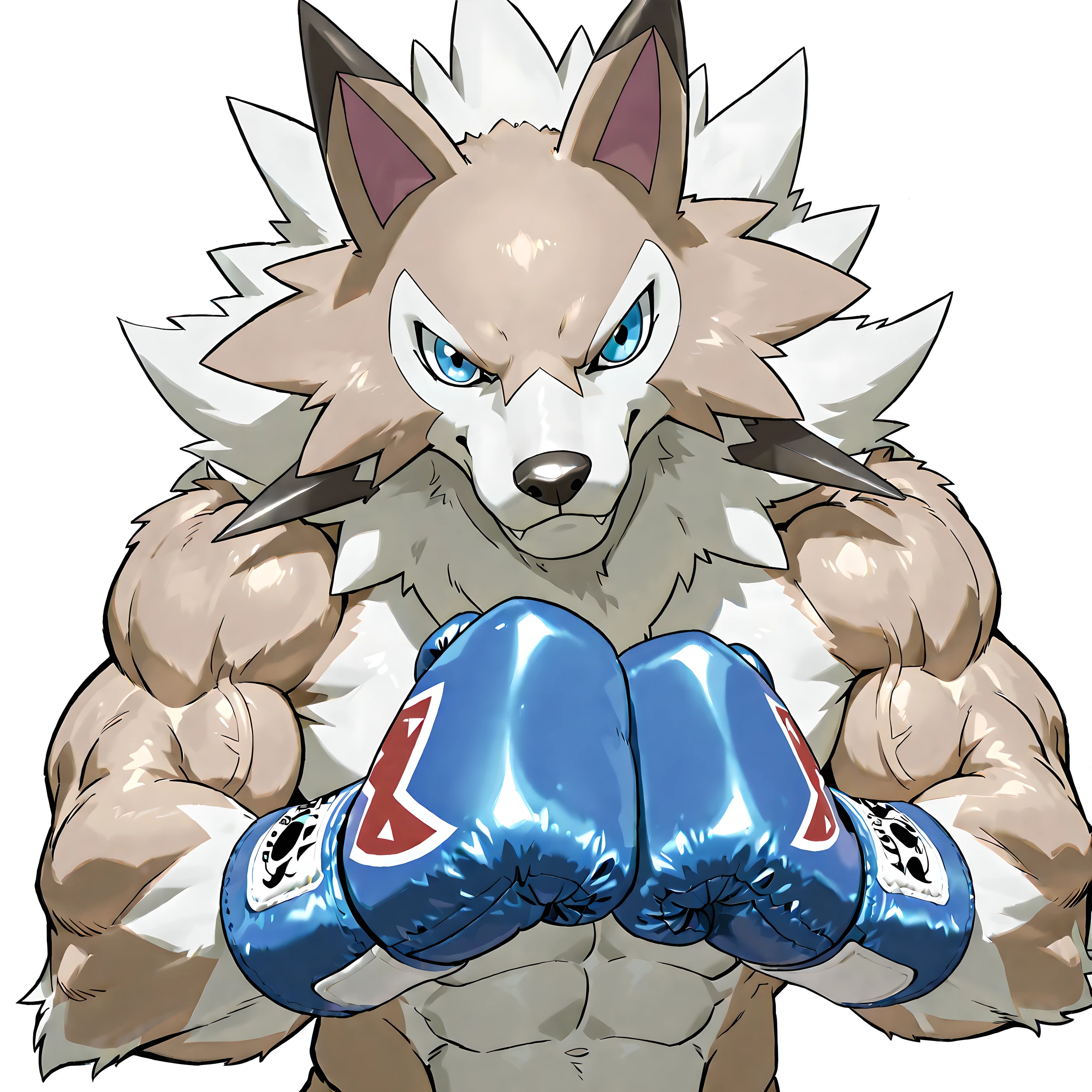 midday lycanroc, digimon (creature), high quality, male, solo, white background, no background, looking at viewer, posing, half body, very muscular, wearing blue boxing_gloves, pov_boxing, boxing posture, boxing stance, front view, blue eyes, bulging muscles,