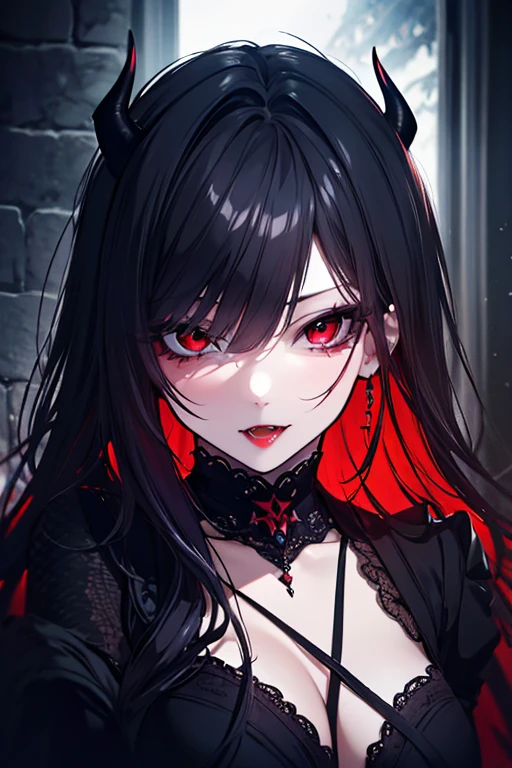 1 girl,Depp's Sense,confused,catch light,Super beautiful illustration,(black color,long hairstyles:1.6),dark dark eyeshadow,bright red lipstick,Gothic Lolita,;d,beautiful and delicate hair,delicate and detailed red eyes,red light effect,inflammation