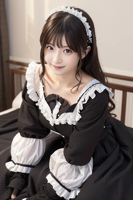 Realistic Photo Quality 、部屋の中のベッドに座っているMaid Costumeの日本人モデル, dark grey gorgeous maid, Maid Costumeを着たコスプレーヤー, Maid Costume, MAID DRESS, Sitting on a bed wearing a maid's uniform, Japanese maid cafe, Maid Costume, black gothic dress,looking at the camera、Detailed and beautiful eyes、 soft and gentle expression 、has a smiling face