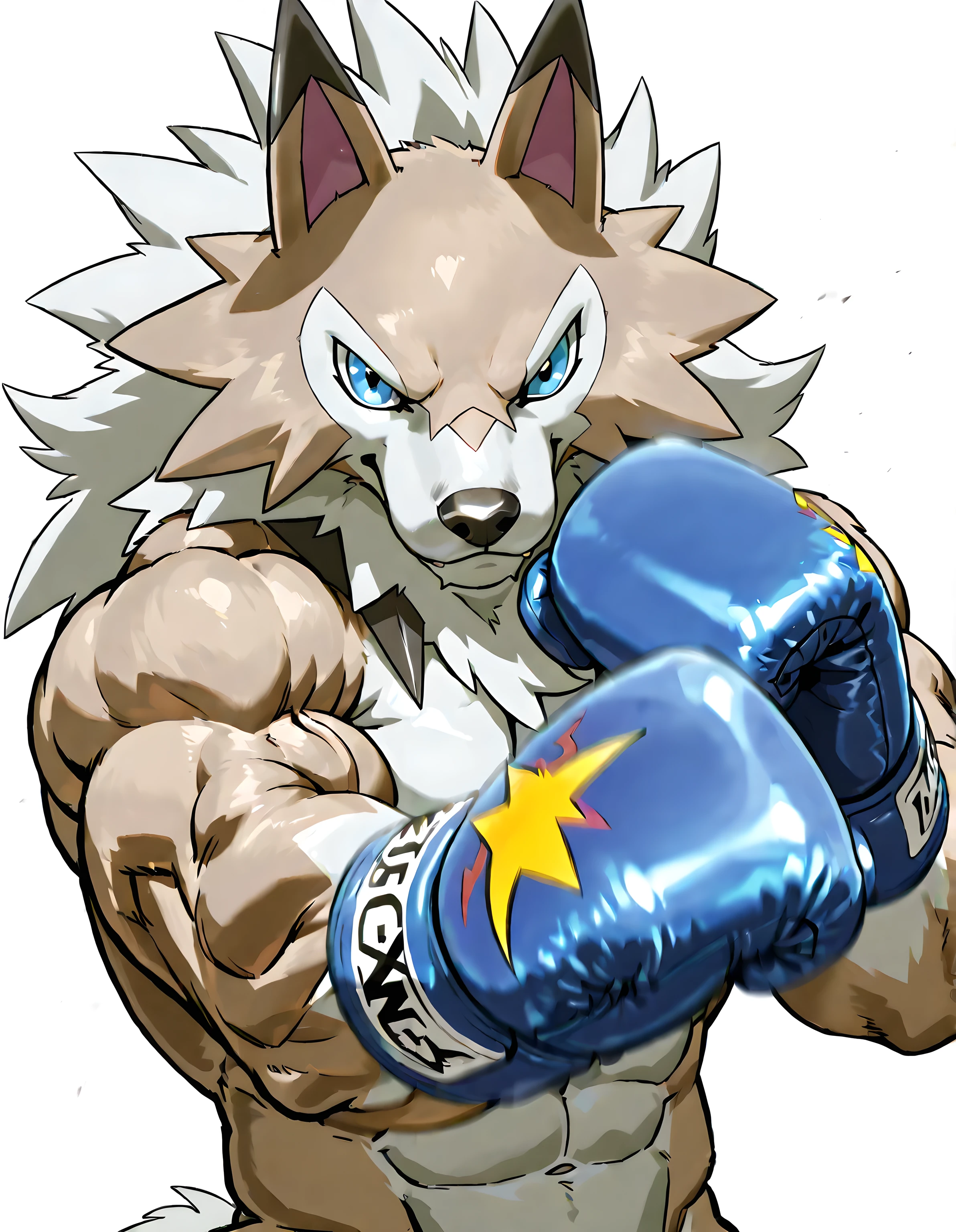 midday lycanroc, digimon (creature), high quality, male, solo, white background, no background, looking at viewer, posing, half body, very muscular, wearing blue boxing_gloves, pov_boxing, boxing posture, boxing stance, front view, blue eyes, bulging muscles, punching_the_viewer, jab_punch, motion blur