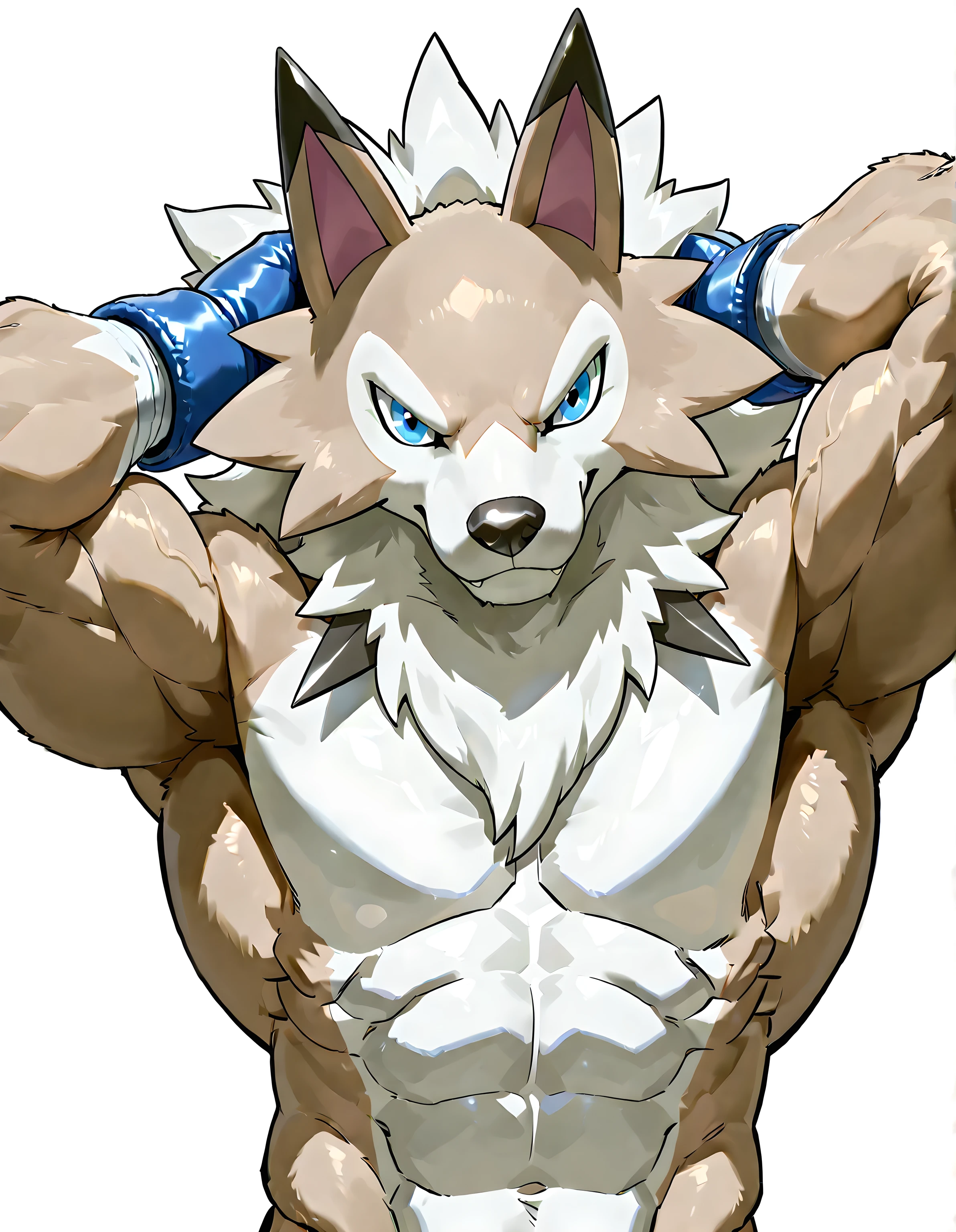 midday lycanroc, digimon (creature), high quality, male, solo, white background, no background, looking at viewer, posing, half body, very muscular, wearing blue boxing_gloves, pov_boxing, front view, blue eyes, hands behind head, thick arms, strong body