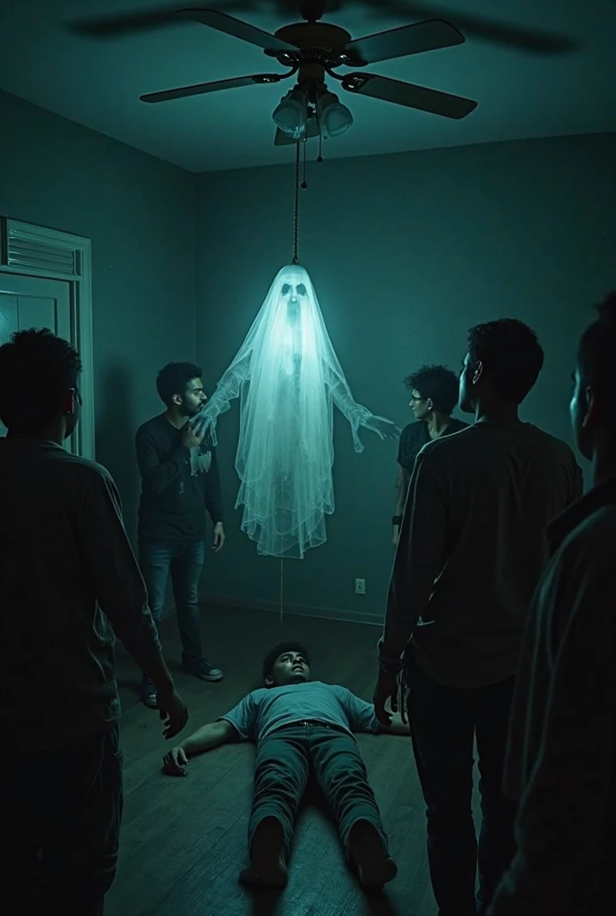 Generate an image of a dimly lit room with dark-colored walls, giving it a mysterious and eerie atmosphere. The room is well-organized, but a rope hangs from the ceiling fan, and a ghostly spirit is suspended from it, glowing faintly. On the floor, a young man, approximately 26 to 28 years old, lies motionless, as if he has fallen. A small group of people surrounds him, their expressions a mix of shock, fear, and concern. The scene is dramatic and haunting, with subtle lighting emphasizing the ghostly presence and the tension in the room.