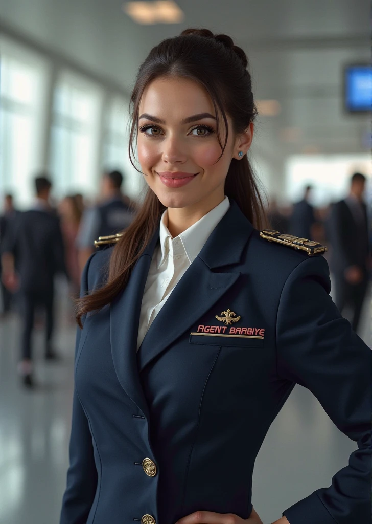 a Spanish tanned brunette woman, Allein, 20 Jahre alt, hyperdetailliertes Gesicht, Detaillierte Lippen, An eye for detail, beide Augen, fluffy green eyes, Wie eine Flugzeug-Stewardess, Gute Arbeit leisten, (Wie eine Flugzeug-Stewardess:1.2), (Gute Arbeit leisten:1.2), (Dunkelblaue einfarbige Stewardessenuniform:1.4), (Wear a cute little stewardess hat:1.2), (modest smile:1.2), ausschnitt, perfekter Bildrealismus, Hintergrund mit: (Gang der Business Class im Flugzeug:1.2), Akribischer Hintergrund, detailed costume, perfektes Litthing, Hyperrealismus, (fotorealistisch:1.4), Maximum resolution: 8K, (Meisterwerk), sehr detailliert, Fachmann Info
