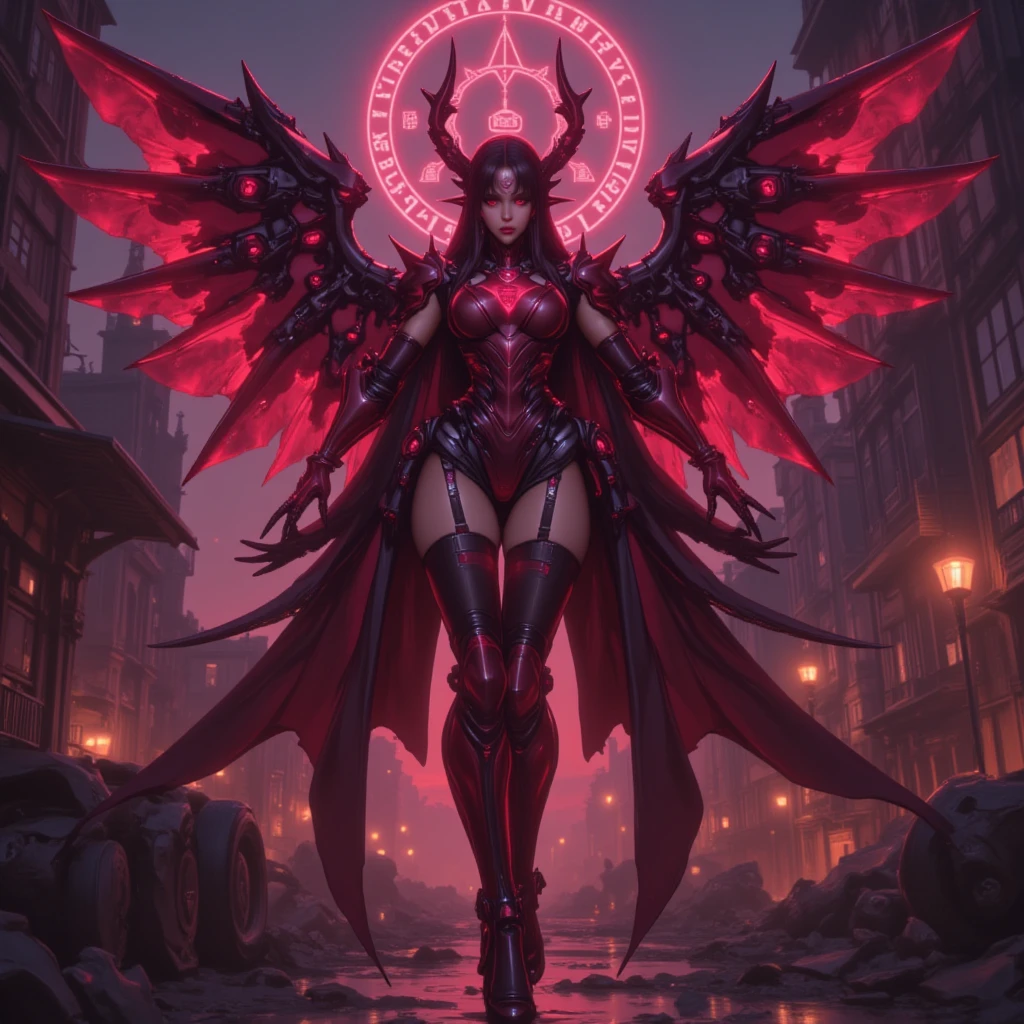 kenjaku,jjk sorcerer, GtsGiga, Gtscity, Rampage,evil,uncaring,pissed off, red aura,hands held towards the sky ,psychotic smile,ready to crash out,Red Engery Ball,cityscape,muscular,black trenhcoat,Looming,twintails, domain expansion ,mature lady,big bosom