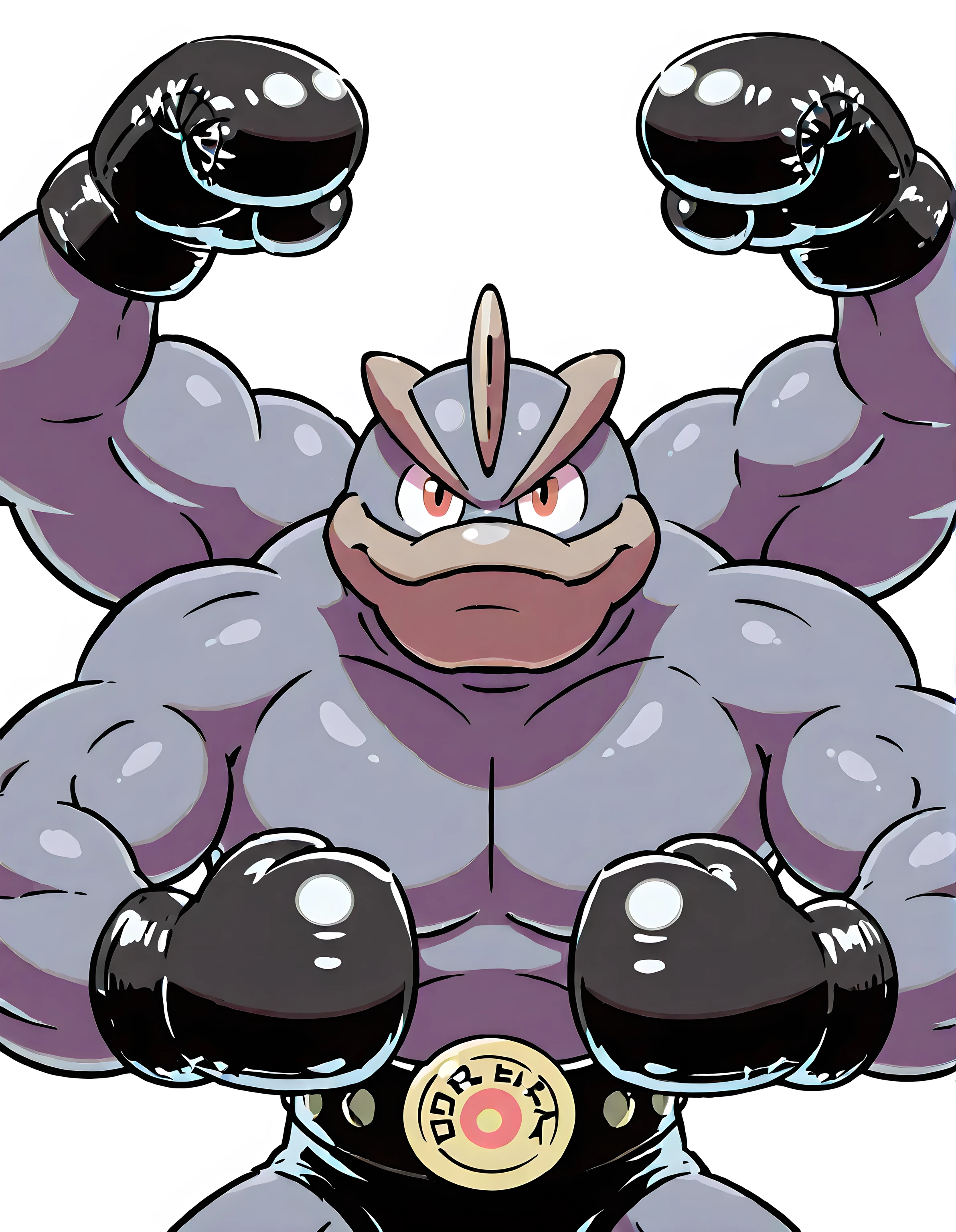 machamp, high quality, male, solo, white background, no background, looking at viewer, posing, half body, very muscular, wearing black boxing_gloves, boxing gloves, pov_boxing, front view, four arms, flexing, heavyweight body, thick arms, bulging muscles