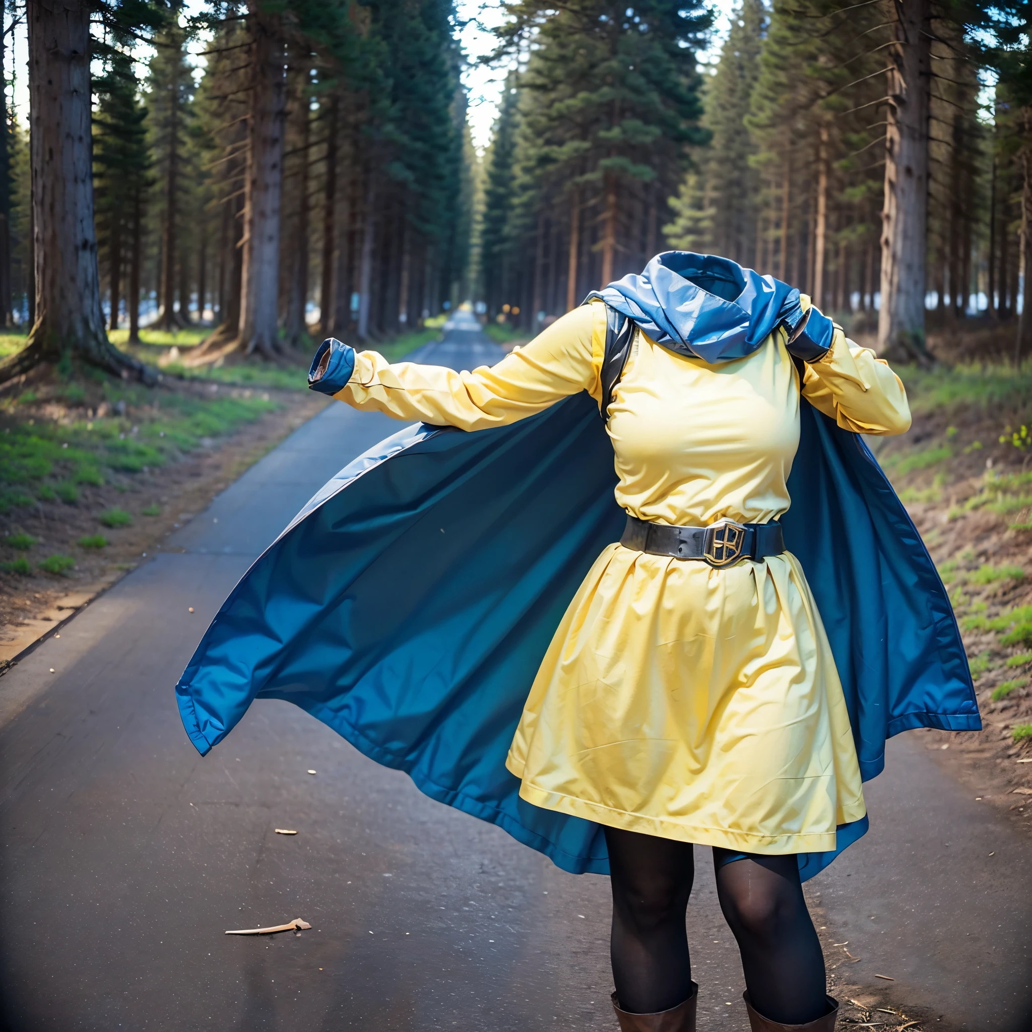 (8k, RAW photo, best quality, masterpiece:1.2), (realistic, photo-realistic:1.37), photon mapping, radiosity, ((Hasselblad photography)), physically-based rendering, (invisible, no humans, headless, faceless:1.5), yellow dress, cape, pantyhose, gloves, belt, black pantyhose,blue cape,boots,sleeveless,yellow dress,yellow skirt, dq4-alena, (close-up shot of breast), in forest, long sleeve, fat, chubby, fighting pose