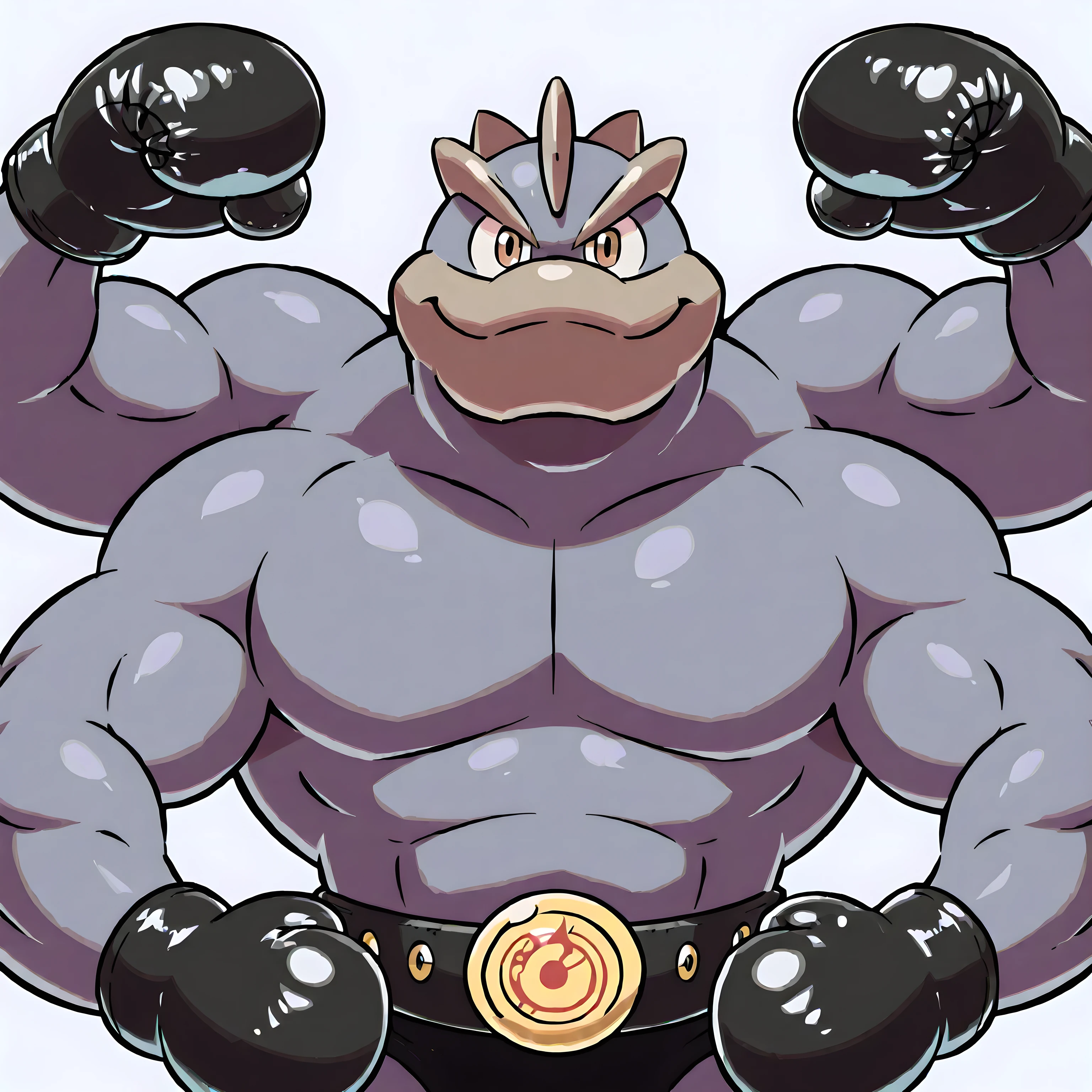 machamp, high quality, male, solo, white background, no background, looking at viewer, posing, half body, (very muscular), wearing black boxing_gloves, boxing gloves, pov_boxing, front view, four arms, flexing, heavyweight body, thick arms, bulging muscles, big belt