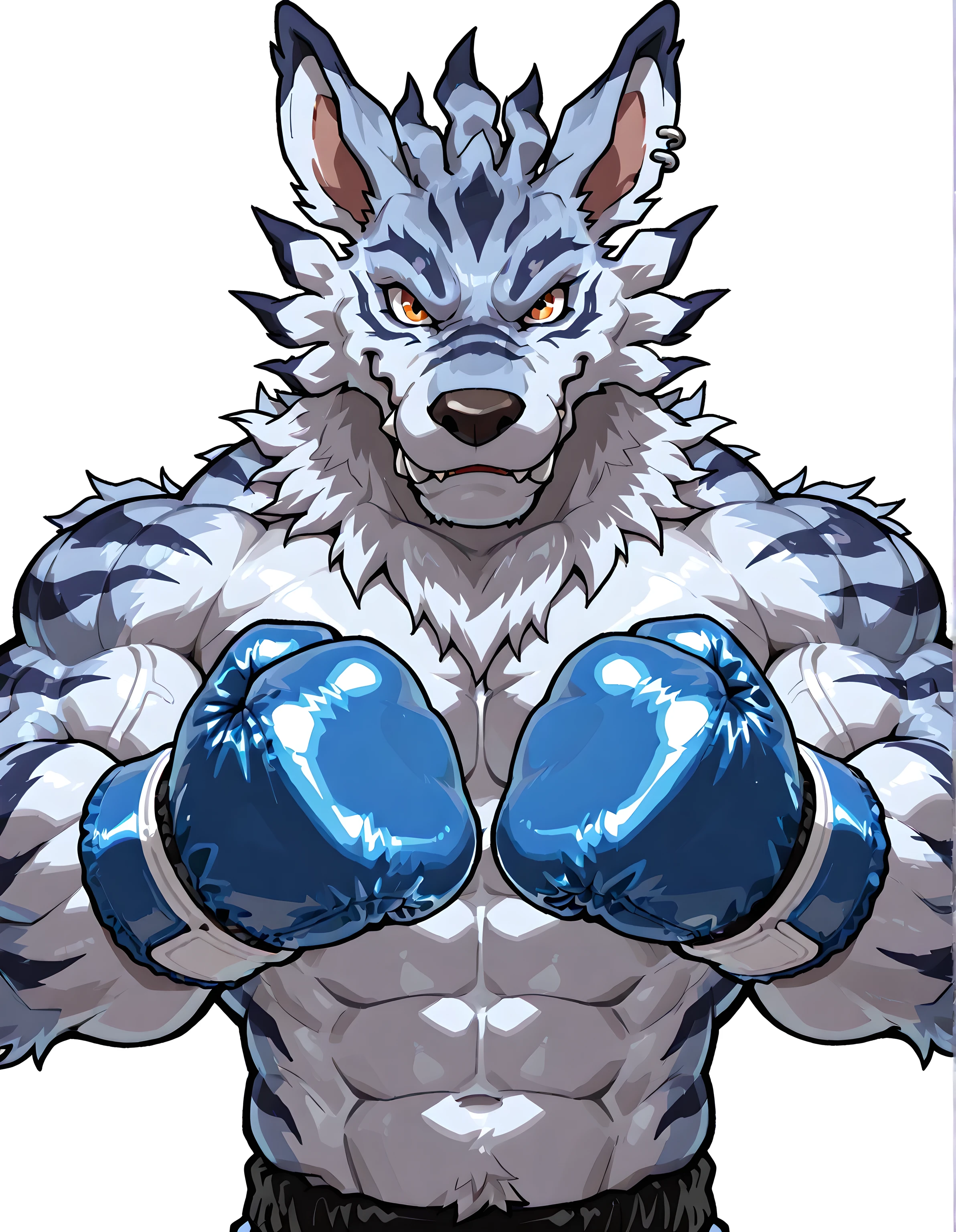 weregarurumon, high quality, male, solo, white background, no background, looking at viewer, half body, very muscular, wearing blue boxing_gloves, pov_boxing, front view, thick arms, heavweight body, bulging muscles, fangs