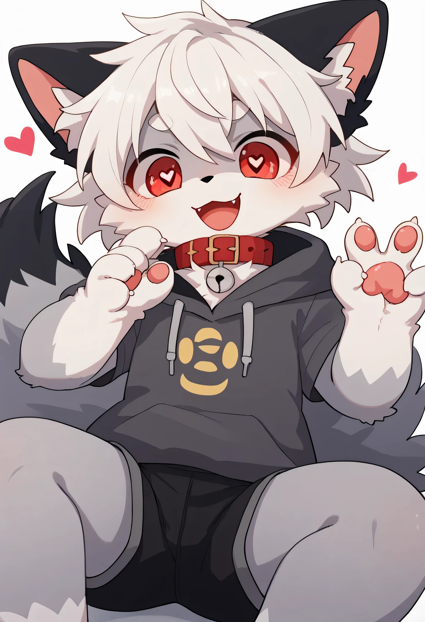 very detailed bustな, very detailed bust, white hair with gray coat ,,female, excited to see bones , wolf fur, excited,Participation, cute face , something furry ,Horny girl, red collar on the floor,Cute ears ,Fluffy ears ,Fluffy ears , Show me your legs , Show me a cat's hand , red collar on the floorと紐を持っている,black ears , red collar on the floorと紐を持っている, cute fur,male, heart eye ,Horny girl, Black Back ,white background, blush nose , alone, droopy ears, black shorts ,Green short sleeve hoodie