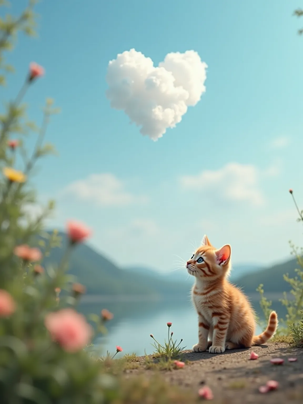 A kitten and lake landscape