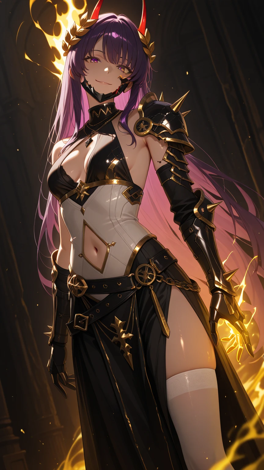 1girl, ( ( character concept art ) ), long wavy light purple hair, wearing yellow scorpion armour with tiger stripes, scorpion claw arms, with scorpion tail, scorpion mouth mask, d cup breasts, petit, sexy toned body, full body, sexy pose, gray background