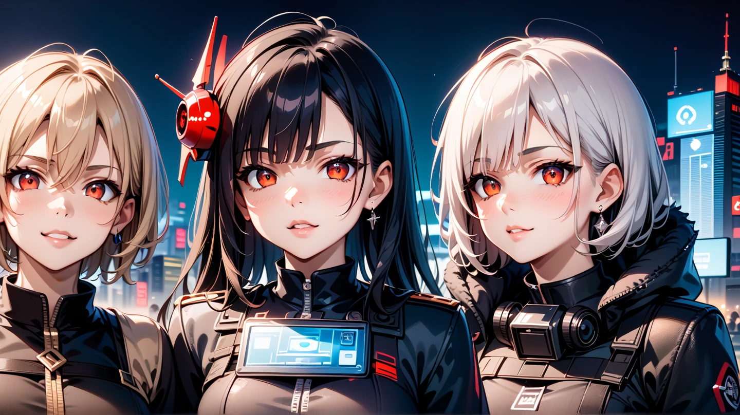 (best quality, masterpiece) one cute chibi girl in a technological suit, gray hair, red glowing eyes, short bob haircut, vampire, pointed ears, close-up, upper half of the body, waist-deep, in the center of the frame, dramatic light, on the background of a red neon city, looks at the viewer, cyberpunk, a lot of red details, night, illustration, cute look, stern face