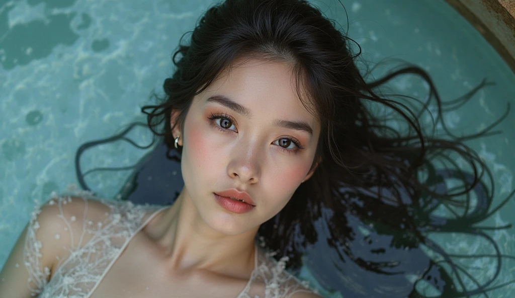 A girl in pink lingerie in the water,Masterpiece, Highest quality, (((Masterpiece))), (((Maximum level))), ((extra fine)),, ((Extremely delicate and beautiful)), Dynamic Angle, Floating, , (Beautiful detailed eyes), (Detailed light), (1 girl), Bigboobs, long whitr hair, dark brown sparkling eyes, Black color hair, Natural, (Sunlight),, Slight smile, Pastel colors, full anatomy