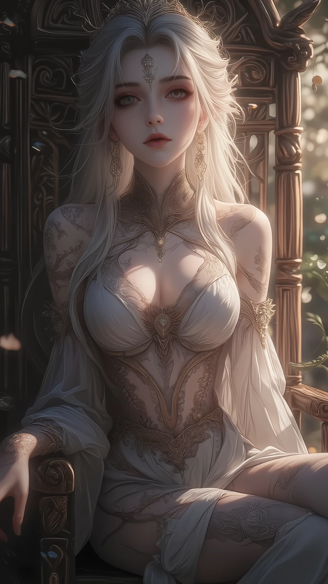(masterpiece, best quality, beautiful and aesthetic:1.3), (A beautiful elf lady), look back, side view, 1 elf girl, (solo:1.3), light smile, (honey blonde hair streaked beige:1.4), (Gradient sliver hair ends:1.6), hair strand, absurdly long hair, single sidelock, wavy hair, shiny hair, floating hair, (sky blue eyes), delicate eyes, aqua eyes, super high detailed eyes, long upper eyelashes, eyes makeup, red lips, elf up-turn pointy ears, Focus on face, Very detailed facial, (Pretty Face:1.3), Perfect medium chest, slim body, porcelain skin, (Delicate skin texture:1.2), (Highly detailed skin:1.2), bridal veil, lace-trimmed dress, see-through, wedding dress, (outdoors), white roses, garden, (morning), detailed background, beautiful background, standing, whole body, extreme detailed, Edge lighting, two color lights, 8K UHD, Bokeh, イーブイの絵, soft light, Volumetric lighting, confess, warm tone