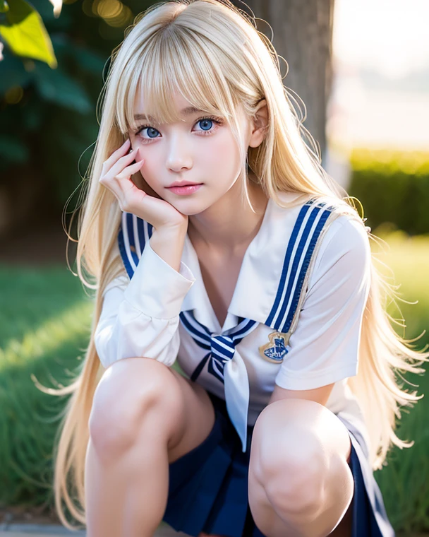 Bust shot, pink sailor suit, uniform, very beautiful Swedish 16 year old beautiful girl, shiny dazzling glossy skin, smile, beautiful bangs, very long and straight silky beautiful platinum blonde, super long straight hair, eyeliner, small face, big, beautiful shining transparent marine blue eyes, beautiful and bright girl, on all fours