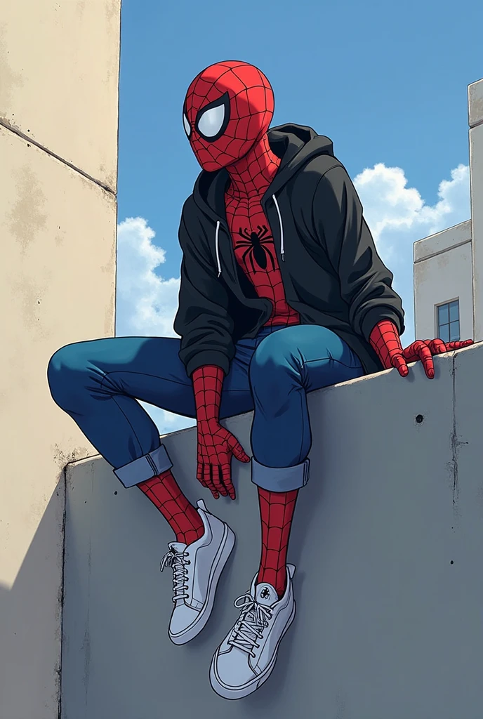 spiderman listening music ,rooftop,cartoon,fronted face,sad,hoodie,mask on, a little looking under,headphone, wearing hoodie,a little chubby
