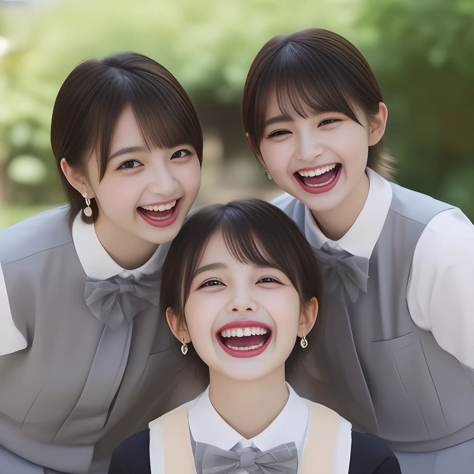 (highest quality, masterpiece, high resolution:1.2), 4K, (Photo quality clearly detailed foreground: 1.5), geometry, (Tree neat & clean girls are bursting into laughter. (Small well-groomed face with feminine intelligence). Some of Cute noble girly Japanese photo model are seated and looking at the thing in front of them with their cute beautiful eyes like laughing fashion model: 1.3), (Using expensive face-whitening cosmetics to make her skin more beautiful and pure by professional makeup artist: 1.5), (Face and eyes are especially detailed beautifully: 1.5), Laughing cutely, ((Light-Gray) Japanese school girly vest uniform with neat girly light-yellow school blouse, puffed shoulders: 1.2), (white socks and school loafers, kicking back: 0.7), (Dark blue glossy glossy school ribbon on the breast: 1.0), (Beautiful light-amber large clear open eyes with balanced and detailed cutely: 1.4), (double eyelids: 1.0), (highly curled bangs: 1.2), (Expressing the greatest joy with her whole body: 1.2), (Glossy lips: 1.0), (beautiful bobbed shining hair: 1.7), (cute earrings), (white and clear skin: 1.0), (Laughing cute princess's eyes looking at me: 0.8), (Very shy, cute, slender, pretty, pretty, too girly & Girlish: National Beautiful Girl Grand Prix winners: 2.0), (The girls knows well about the viewer's super fetishism for high-school uniforms, and satisfies it completely: 1.5), (High class cosmetics promotion to make everyone noble face, blessed by Venus and Aphrodite in a dark shrine under the school, falling down to the world of Aphrodite: 1.6), (they are laughing with widely open mouth as if watching a very cute and funny thing happening just in front of their beautiful eyes: 2), (hanging hands: 1.5)