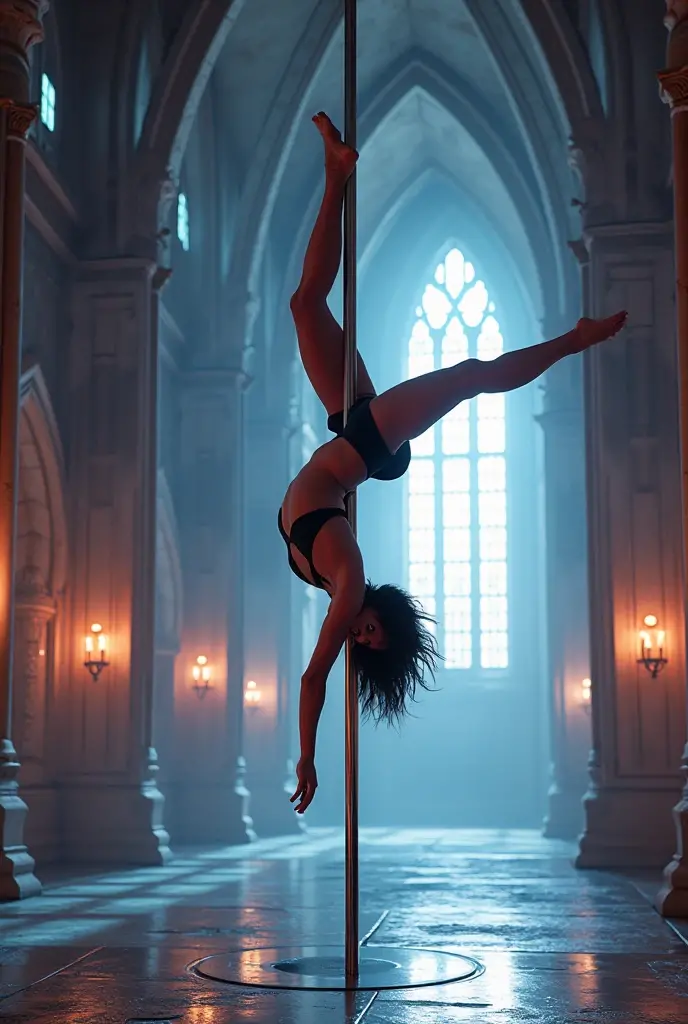 "A mesmerizing woman (:1.3) gracefully pole dancing in a stunning and captivating Iranian mosque."
