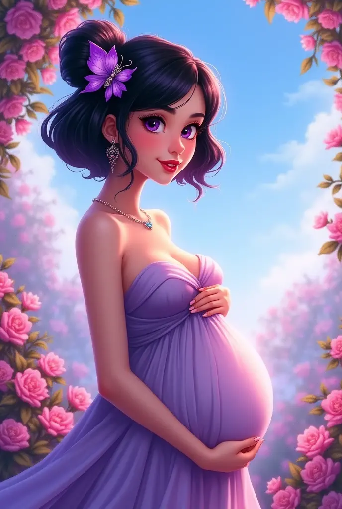 Beautiful pregnant girl fat with medium dark hair and a wreath of flowers on her head, her hand is on her belly, seeing her belly, and purple dress sideway and simple drawn medium body
