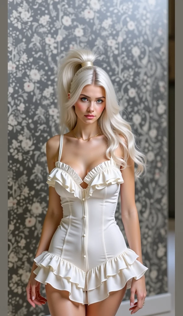 Pure white hair, Pure white hair, (waist length wavy hair), glowing hair, Detailed hair, Blue Eyes, beautidful eyes, extremely detailed eyes and face, Beautiful detailed eyes, Ultra-detailed, light on the face, (shiny lips 1.4), Fair skin, a 18 year old girl, (Idol makeup:1.2), ((Realistic light, Best Quality, 8K, Masterpiece: 1.3)), 1 Girl, The beauty of a slender body: 1.4, (Middle breast: 1.3), Off-the-shoulder cut top: 1.3, Luxury dresses: 1.4, cleavage, Ultra detail face, Detailed Eyes, Double eyelids, Legs: 1.3, necklaces, Red cheeks: 1.4, Open mouth, white teeth, Handbag, In the street, high heels: 1.2, fisheye lens: 1.4