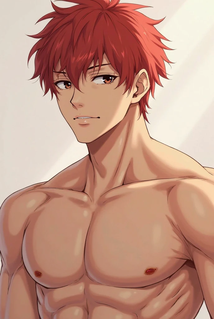Anime guy in underwear posing with his shirt open, Yuji Itadori, pink hair, black under hair, Jujutsu Kaisen, in combat pose, slightly muscular, defined body, shirtless, abs, big legs