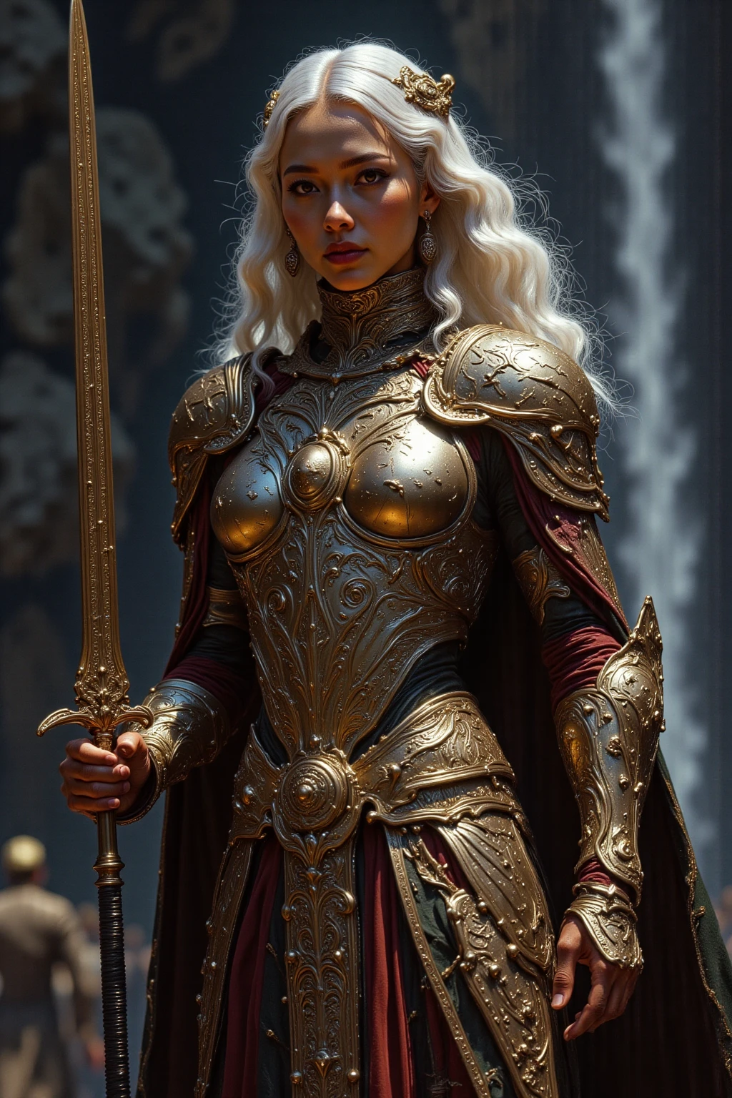 She has platinum long wavy hair and is tattooed.She has a beautiful Asian face and a bright smile. I'm holding a huge sword with my hand.I'm wearing colorful, tight armor.You can see a huge waterfall.