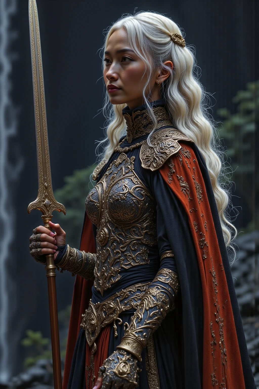She has platinum long wavy hair and is tattooed.She has a beautiful Asian face and a bright smile. I'm holding a huge sword with my hand.I'm wearing colorful, tight armor.You can see a huge waterfall.