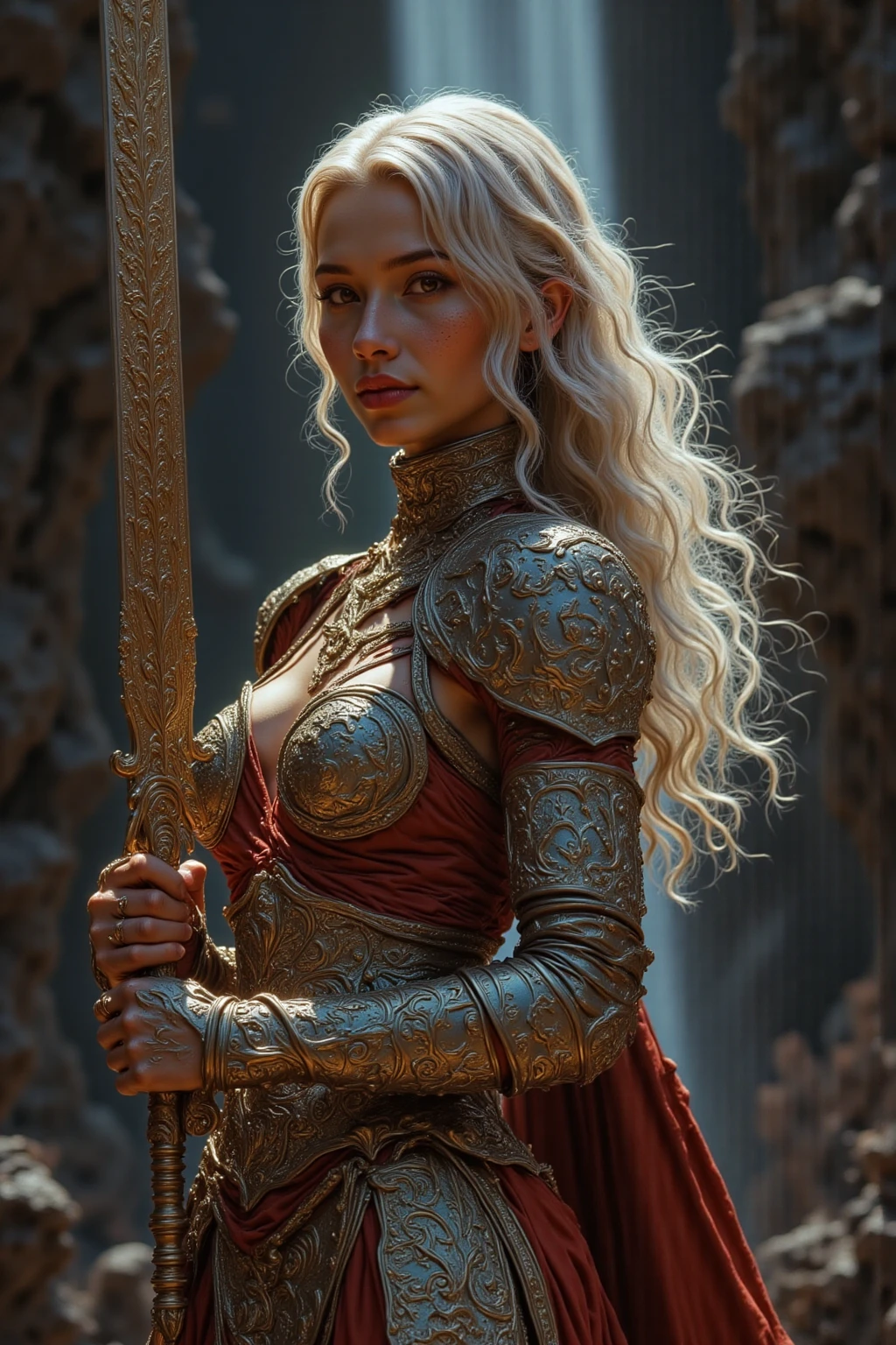 She has platinum long wavy hair and is tattooed.She has a beautiful Asian face and a bright smile. I'm holding a huge sword with my hand.I'm wearing colorful, tight armor.You can see a huge waterfall.