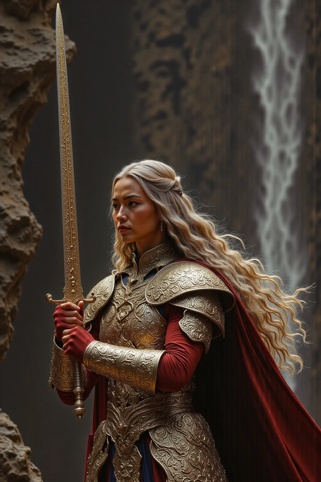 She has platinum long wavy hair and is tattooed.She has a beautiful Asian face and a bright smile. I'm holding a huge sword with my hand.I'm wearing colorful, tight armor.You can see a huge waterfall.