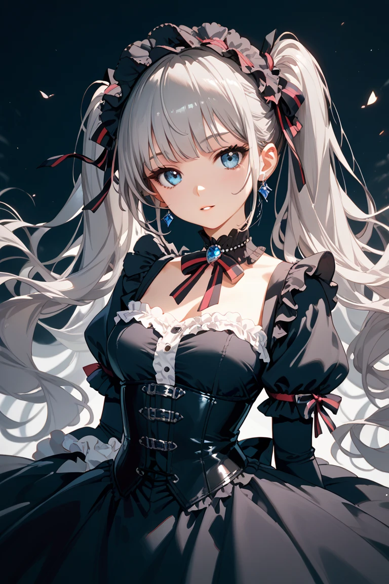 masterpiece, best quality, black Dres, tutu, black corset mini skirt, black layered mini skirt, long leather gloves, zettai ryouiki, frills, bare shoulders, white hair