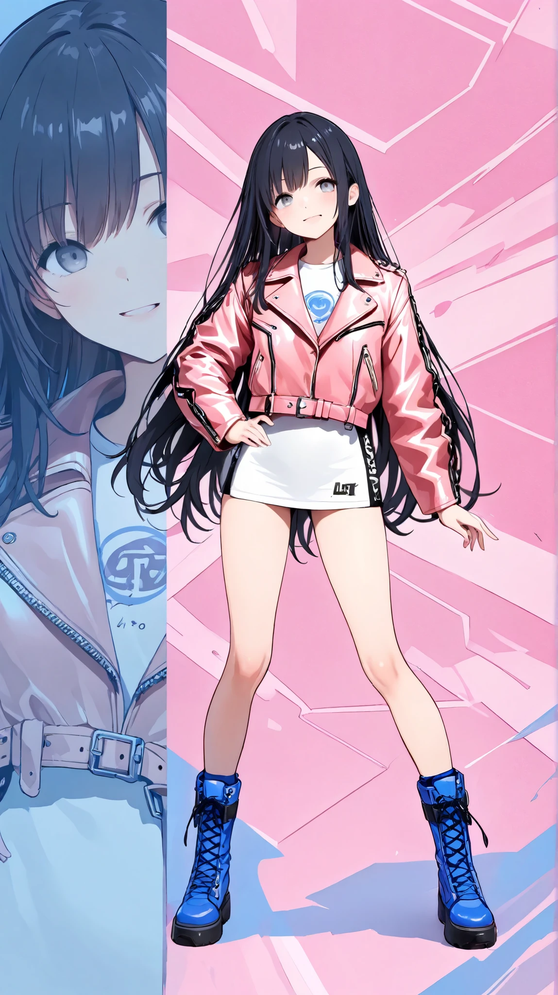 1girl, 10yo, small, cute, slender body, very long black hair, grey eyes, streetwear outfit (large pink leather jacket, blue boots), standing, whole body, dynamic background, absurdres, happy expression, tech