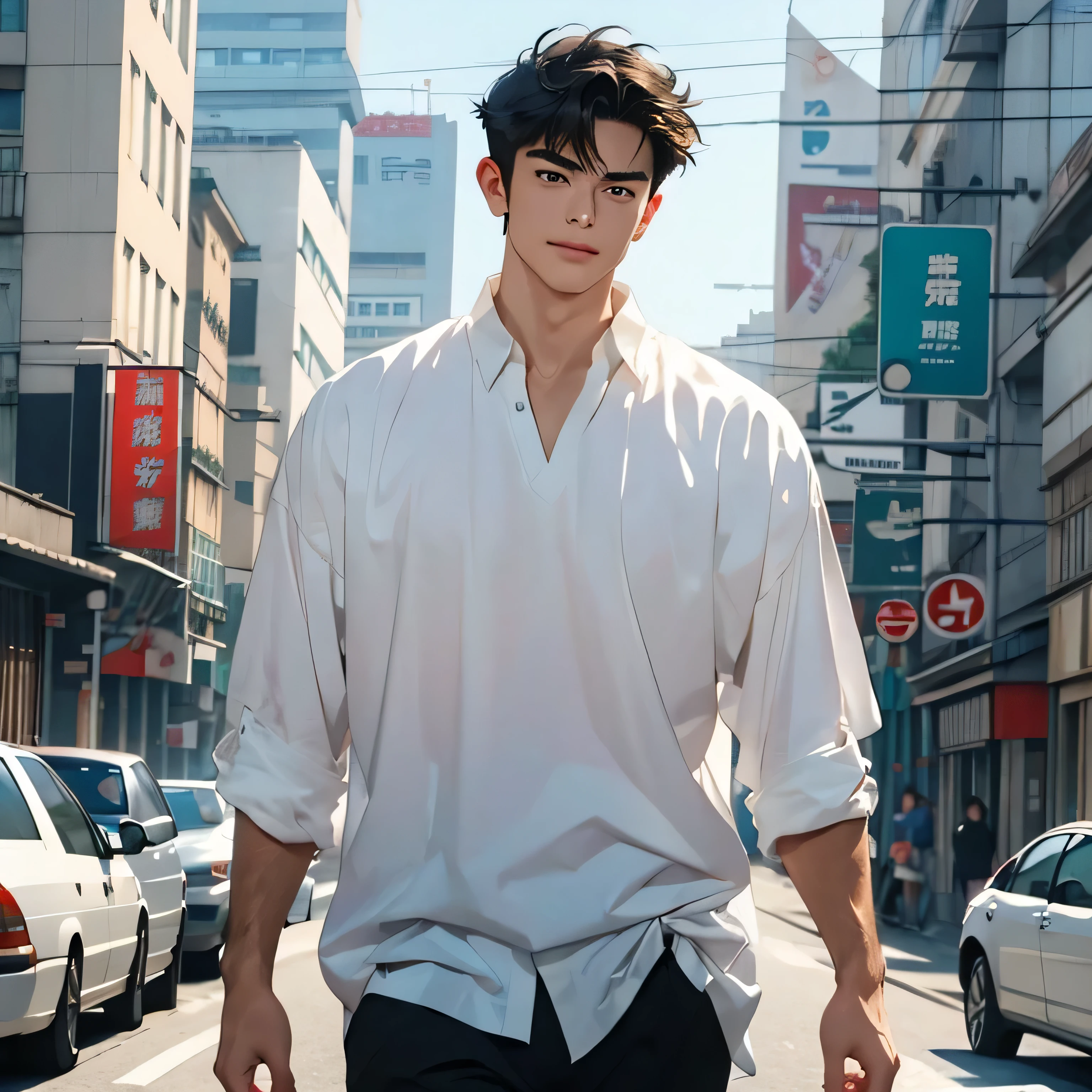 Practical ,photo Practical , Art Station, Soft eyes , sensitive face , 4K, bodybuilder , muscular young man, เด็กmanวัยรุ่น, man, (White shirt), ผมดำ, ( short hair with bangs ),Cool hairstyle , ( biggest breasts : 1.3), appetizing pectoral muscles,huge muscles, ( close-up: 1.2), White skin, เด็กmanหล่อเหลา, Gentle Smile, Stare at the camera, ( walking down the street :1.5), cyberpunk , , Impressionist style, , Thick eyebrows, Open your mouth, Giant Ahog, ( side hair curl ), My hair is very short.,rokudenashi01c