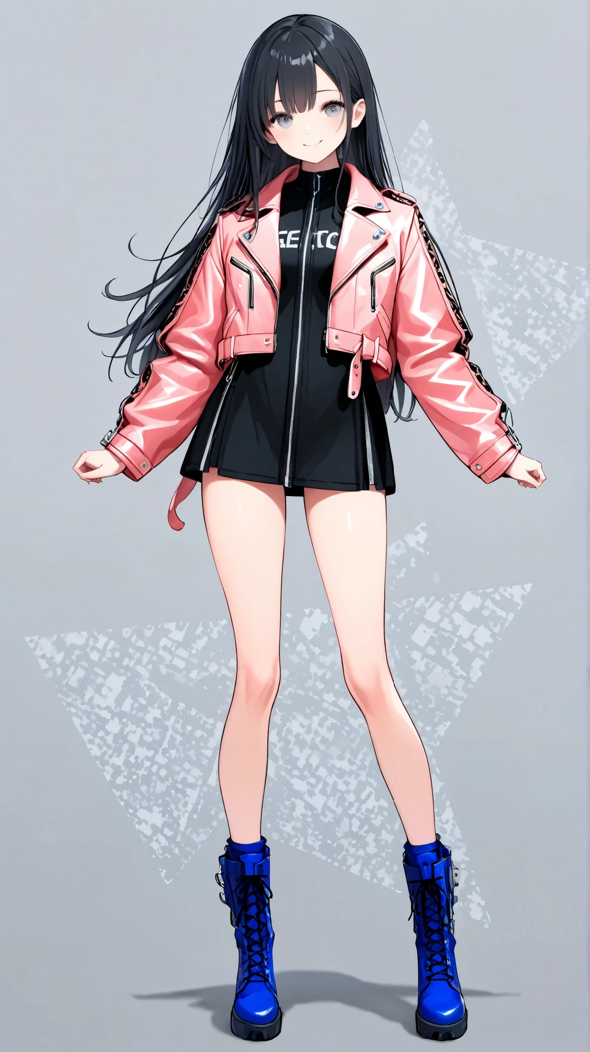 1girl, 10yo, small, cute, slender body, very long black hair, grey eyes, streetwear outfit (oversized pink leather jacket, blue boots), standing, whole body, techy background, absurdres, happy expression,