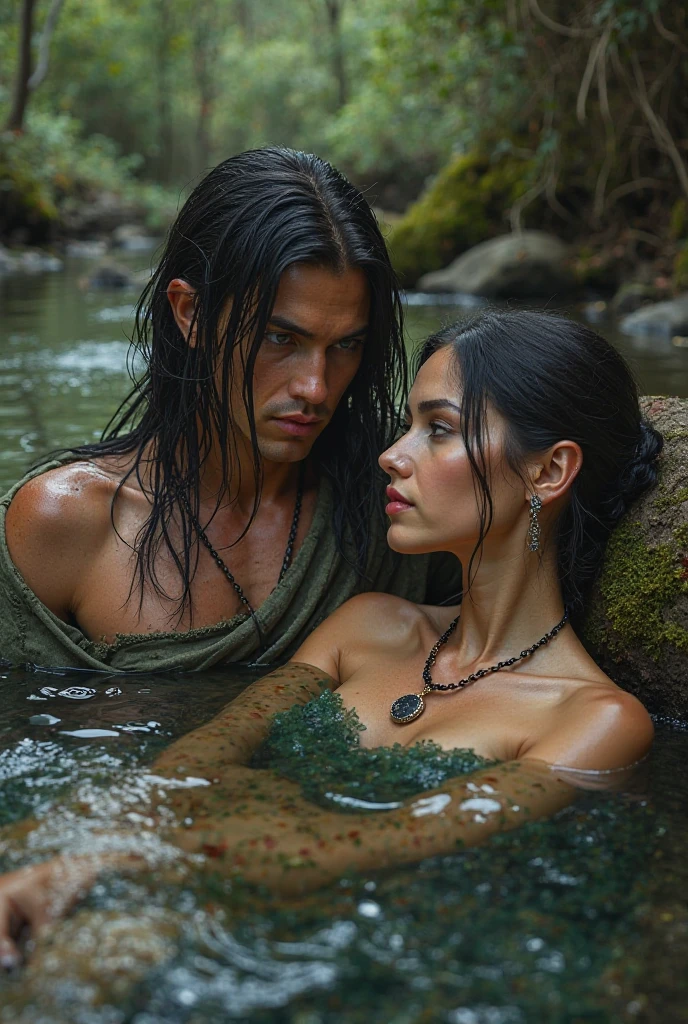 there are two people standing in front of a waterfall, bathing in a waterfall, next to a waterfall, wet flowing hair, standing in a waterfall, with a waterfalls, standing inside a waterfall, wearing loincloth, under waterfall, with waterfalls, standing near a waterfall, inspired by Jorge Jacinto, under a waterfall, flowing white robes
