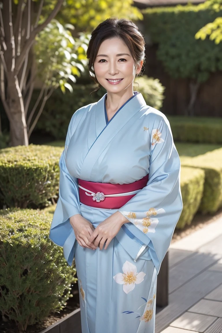 (masterpiece:1.4),(68-year-old woman:1.5),(facial wrinkles : 1.2),seductive smile, (up hair : 1.1), (wearing blue kimono with pattern), beautiful Mature Woman, plump body, voluptuous body, traditional japanese scene, detailed background