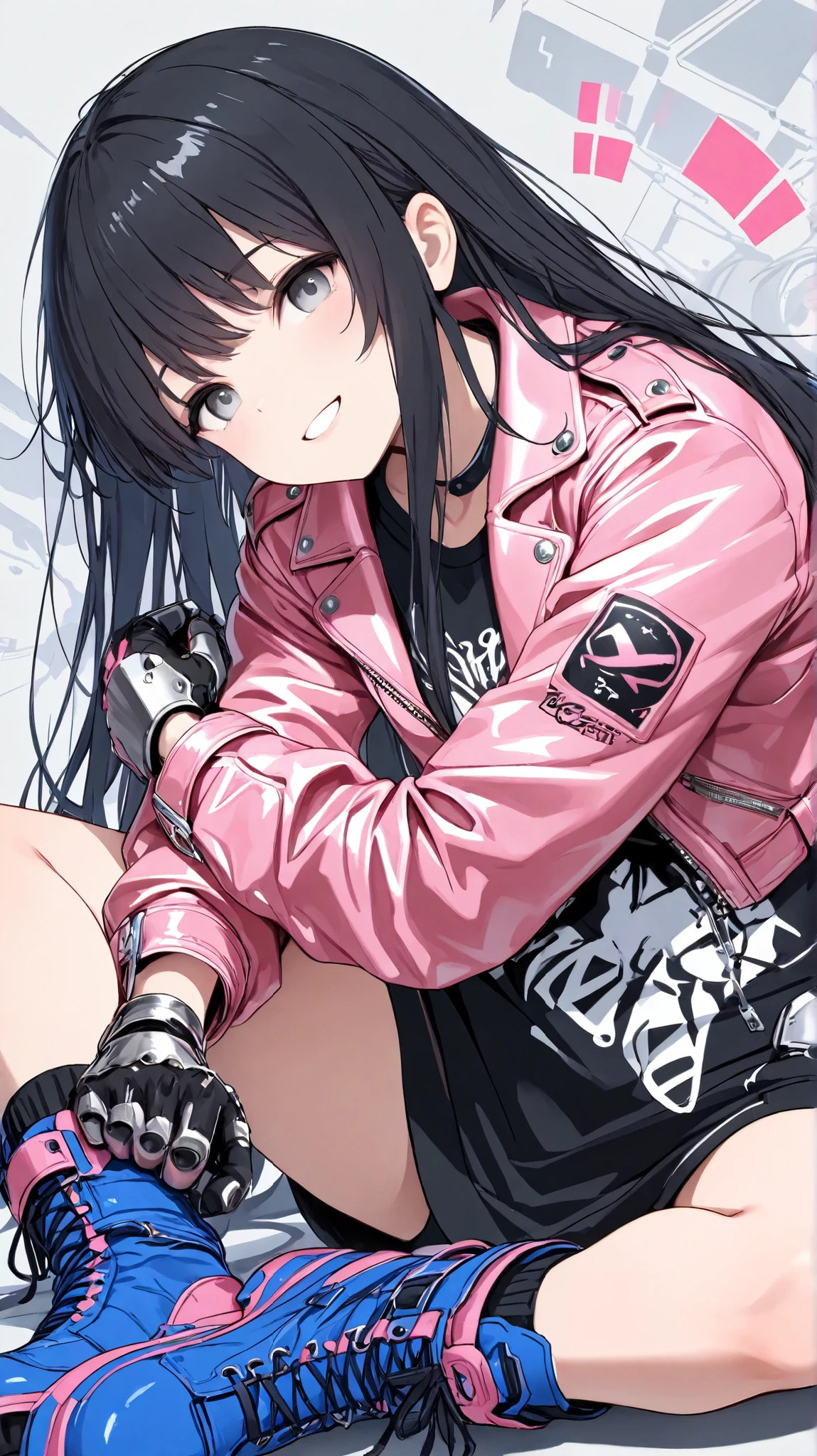 1girl, , smalte, slender body, very long black hair, grey eyes, streetwear outfit (oversized pink leather jacket, blue boots), sitting, gauntlet in one hand, techy background, absurdres, happy expression,