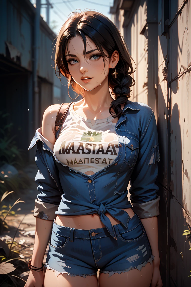 (masterpiece, best quality) <lora:epi_noiseoffset2:1>  <lora:add_detail:0.8>   <lora:MegThomasDBD:0.9>
MegThomasDBD, 1girl, solo, long hair, breasts, looking at viewer, gloves, jewelry, jacket, upper body, braid, open clothes, red hair, blue eyes, midriff, dark skin, twin braids, open jacket, dark-skinned female, crop top, grey eyes, makeup, ring, denim, blue jacket, tube top, denim jacket